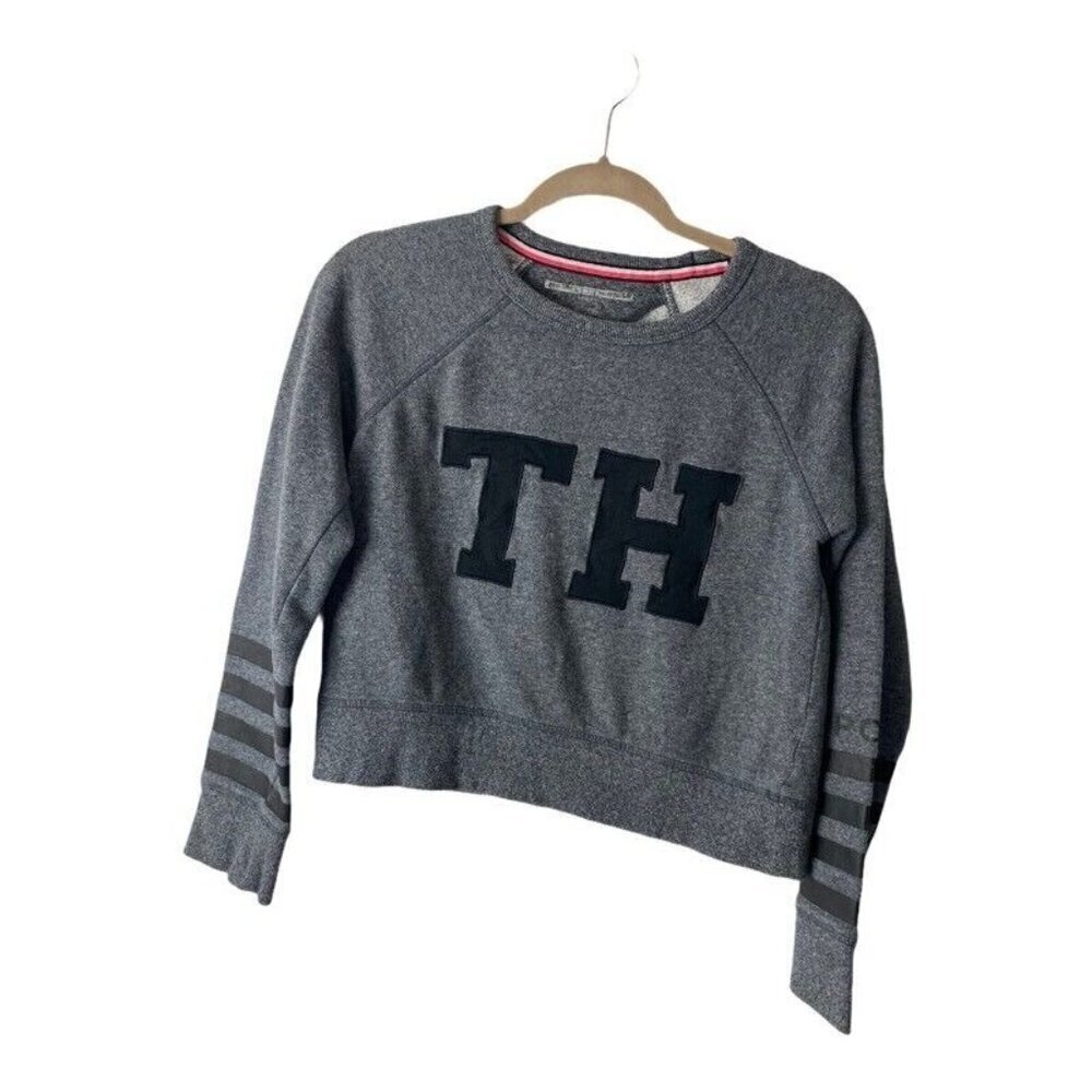 Tommy Hilfiger Womens Cropped Sweatshirt Gray Black Pullover Heathered Crew XS